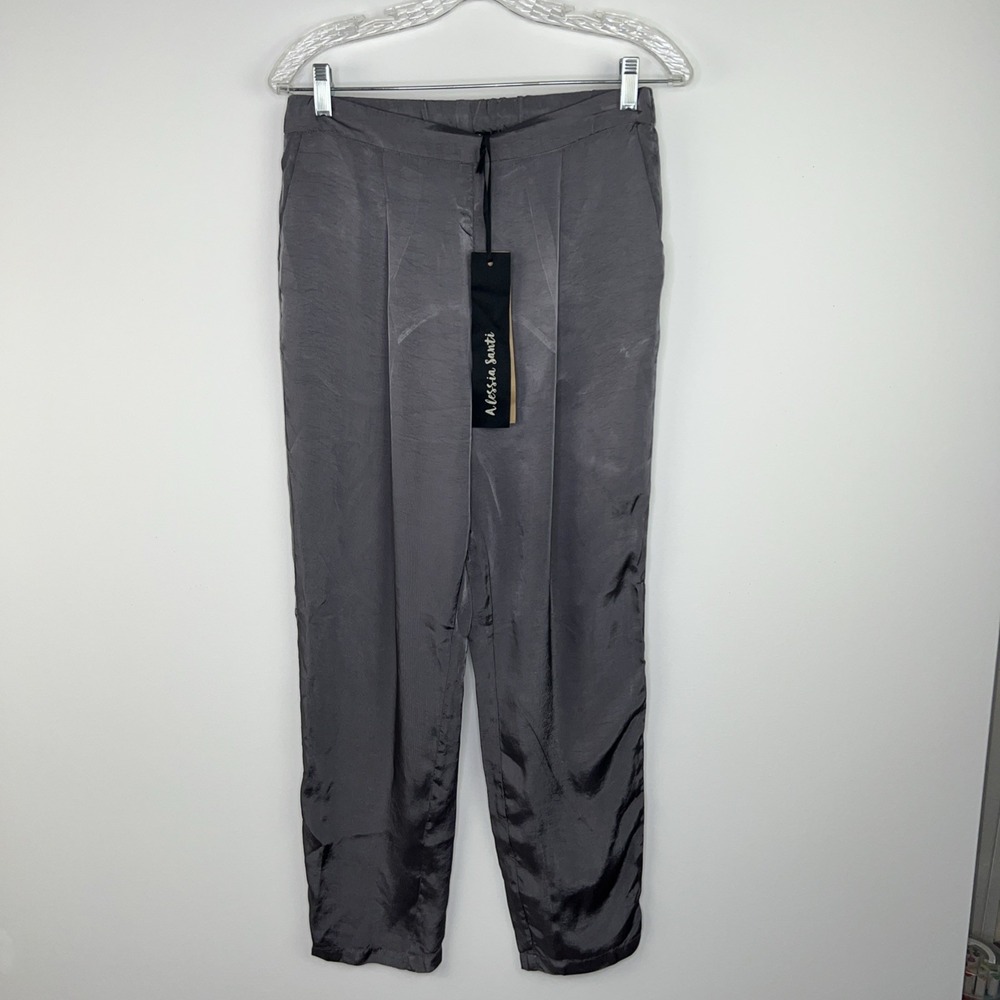 New ALESSIA SANTI‎ Italian Designer Boho Luxe Gray Satin Ankle Pant Sz 42 (US 6)